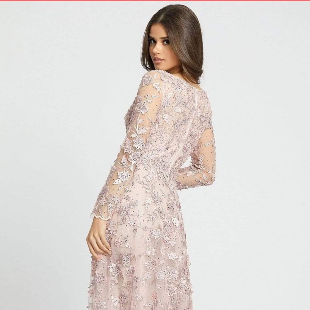 Mac Duggal Pink Floral Applique Long Sleeve Illusion Gown Dress Size 8 NWT - Picture 11 of 15